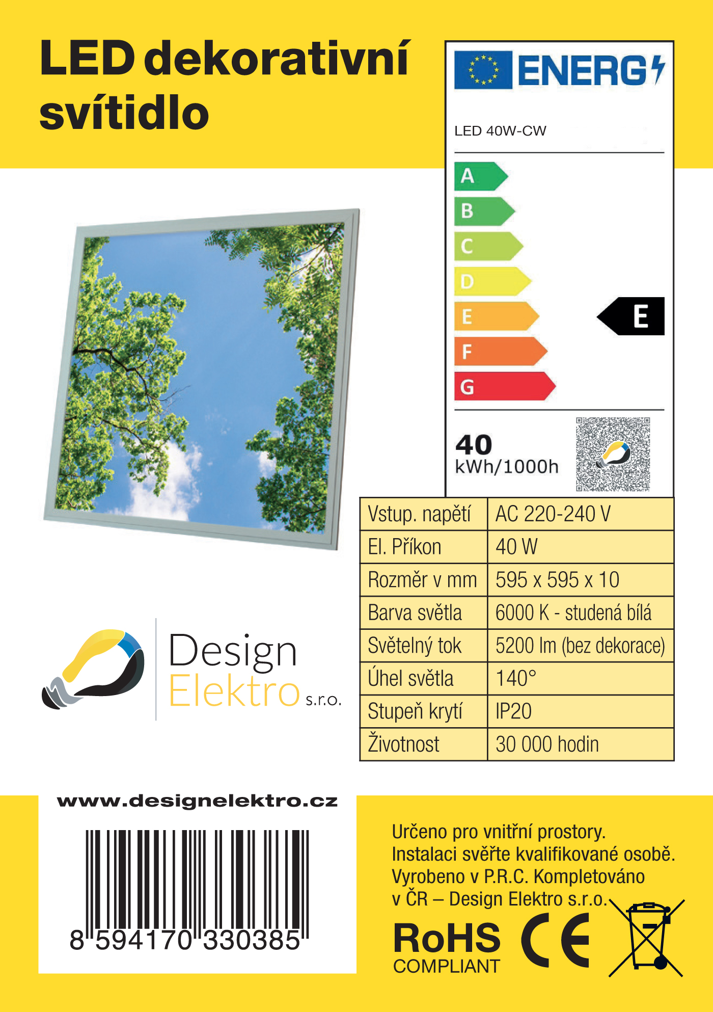 Dekorativní LED svítidlo - LED panel 60x60cm - motiv stromy - energetický štítek